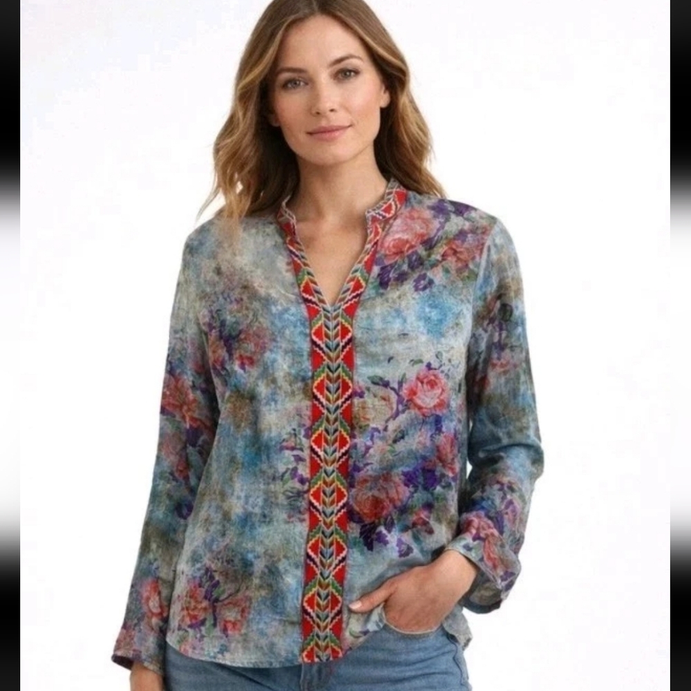 Vintage Goa Floral Watercolor Inspired Blouse Cotton Sheer Embroidered L New